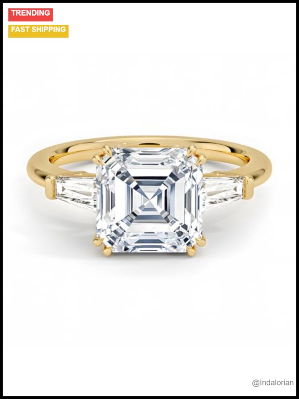 Moissanite Engagement Ring 3 Stone Asscher Cut 18K White Gold Plated S925